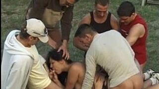 Public nudity and DP with brunette gangbanged - porn video