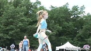 Amateur blonde is on the stage teasing the crowd - porn video
